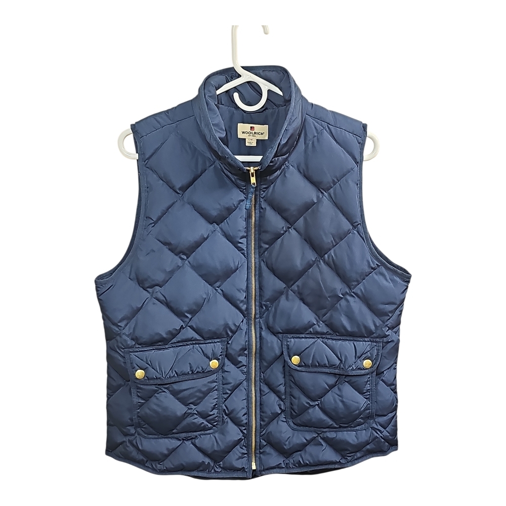 Woolrich Women’s Quilted Down Puffer Vest L Navy Zip Front Gold Snaps Pockets